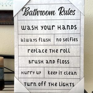 BATHROOM RULES SIGN. FUN & UNIQUE.
Wood plaque with BATH RULES message.